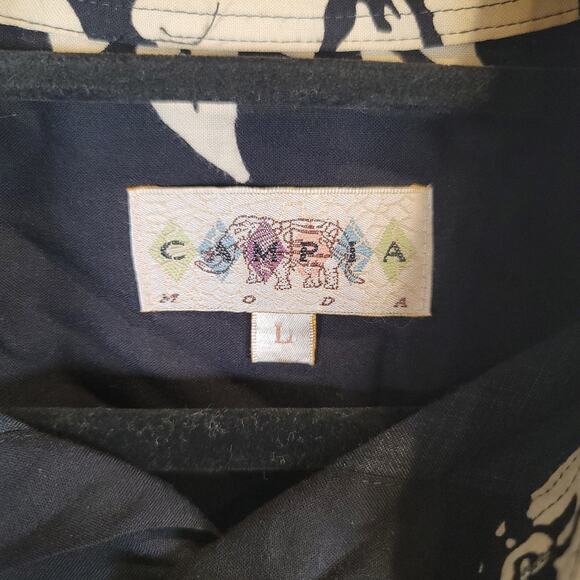 Vintage Campia Moda Men’s Large Hawaiian Shirt Short Sleeve Black & Cream Rayon - Picture 2 of 4